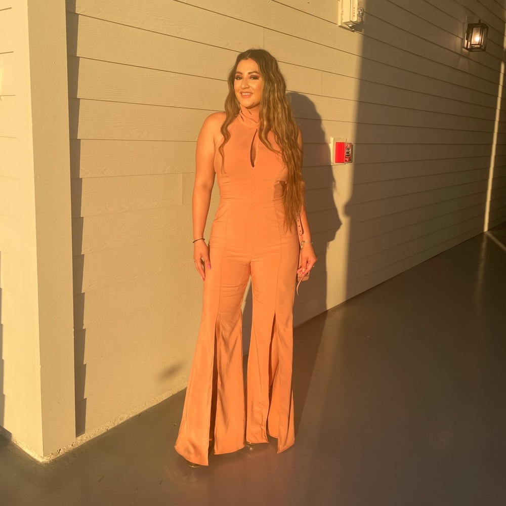 MOCK NECK OPEN-BACK JUMPSUIT